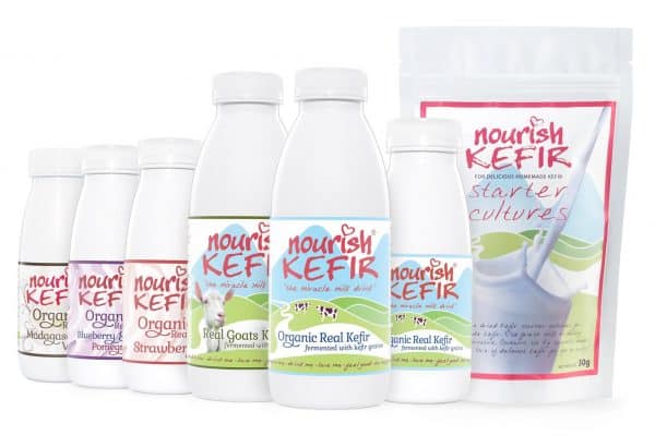 Smoothies in fruit flavours, organic plain kefir drinks and starter cultures packet to make your own kefir at home