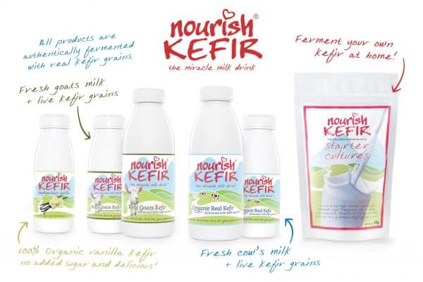 Bottles of Nourish Organic kefir drinks and smoothies and starter culture packet offered by us